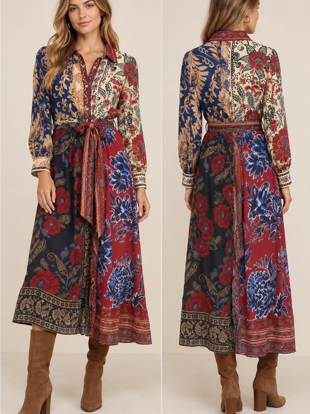 Bohemian Patchwork Floral Maxi Dress - Red/Navy